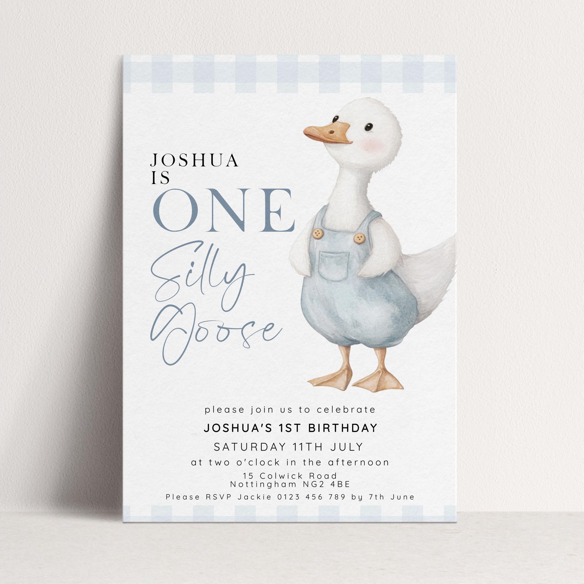One Silly Goose Birthday Invitation Boy Blue Gingham, Editable Corjl Template, One Silly Goose 1st Birthday Invite, Digital Download SG21