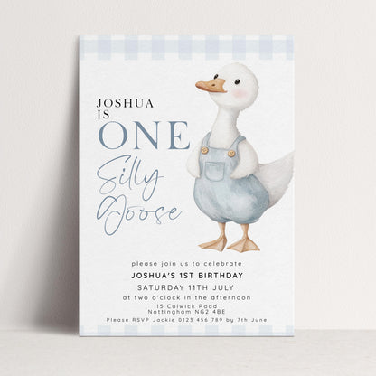 One Silly Goose Birthday Invitation Boy Blue Gingham, Editable Corjl Template, One Silly Goose 1st Birthday Invite, Digital Download SG21