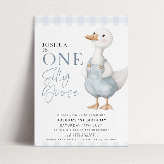 One Silly Goose Birthday Invitation Boy Blue Gingham, Editable Corjl Template, One Silly Goose 1st Birthday Invite, Digital Download SG21
