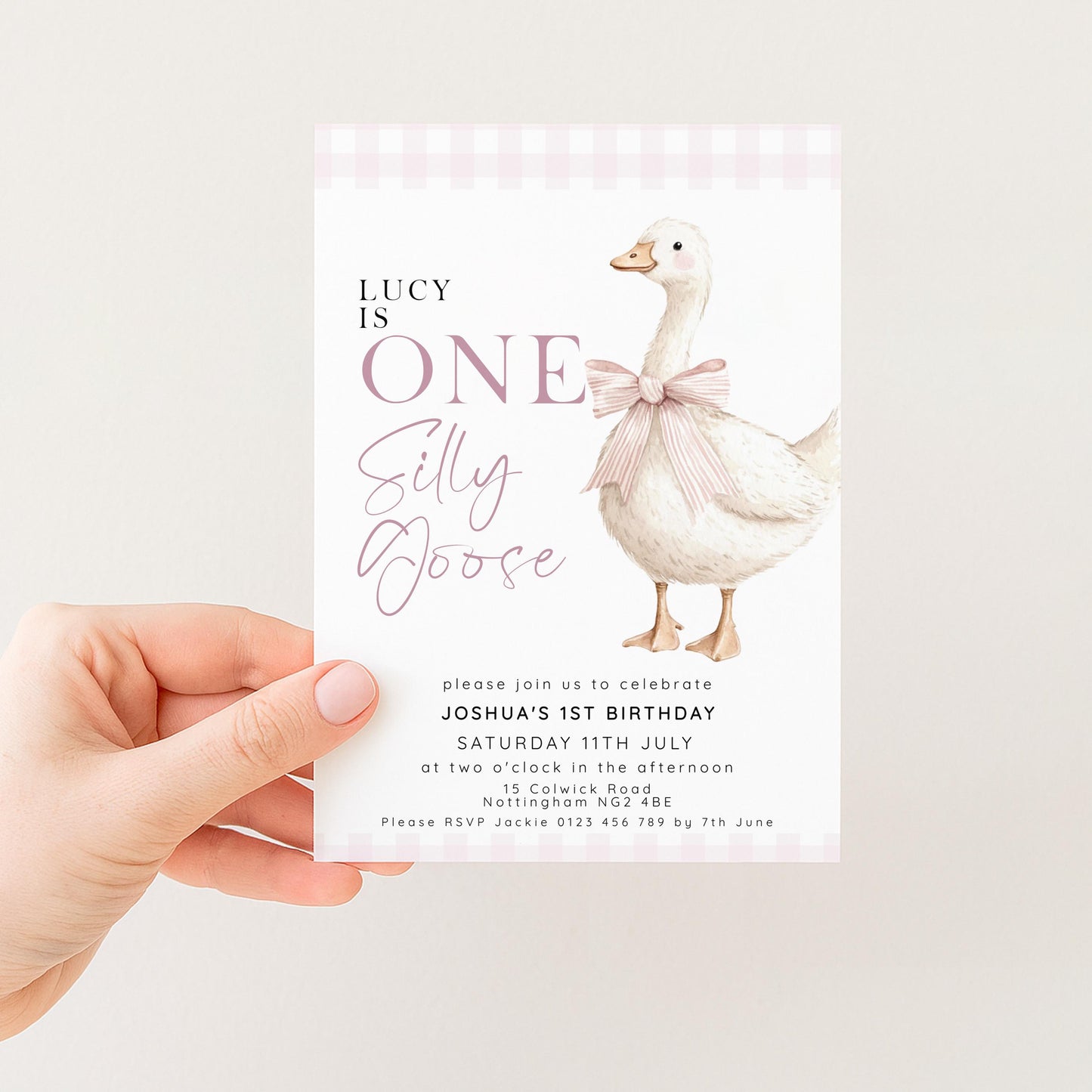 One Silly Goose Birthday Invitation Girl Pink Gingham, Editable Corjl Template, Silly Goose 1st Birthday Invite, Digital Download SG21