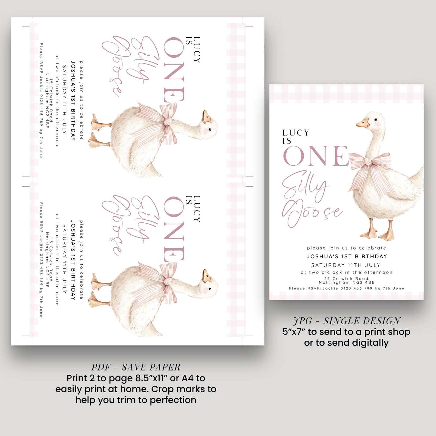 One Silly Goose Birthday Invitation Girl Pink Gingham, Editable Corjl Template, Silly Goose 1st Birthday Invite, Digital Download SG21
