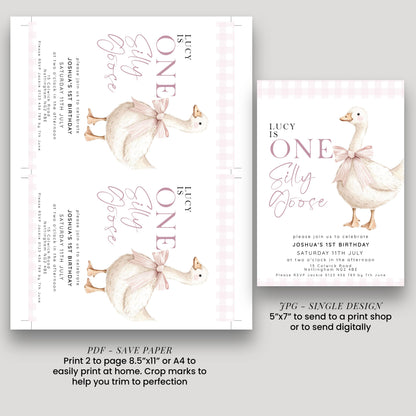 One Silly Goose Birthday Invitation Girl Pink Gingham, Editable Corjl Template, Silly Goose 1st Birthday Invite, Digital Download SG21