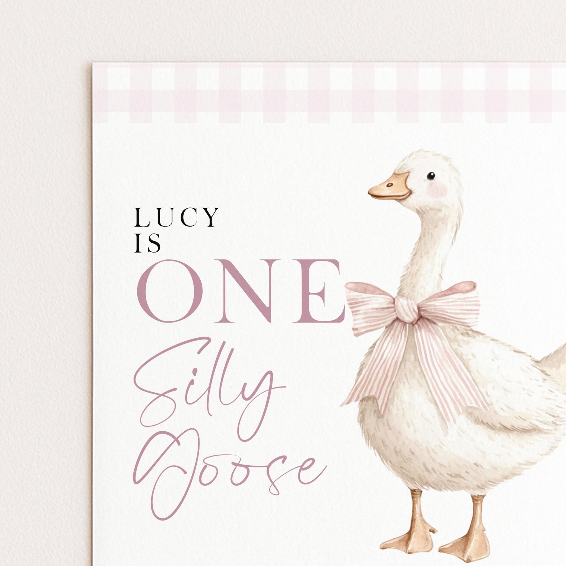 One Silly Goose Birthday Invitation Girl Pink Gingham, Editable Corjl Template, Silly Goose 1st Birthday Invite, Digital Download SG21