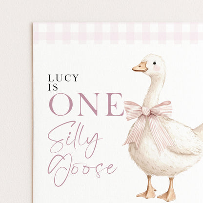 One Silly Goose Birthday Invitation Girl Pink Gingham, Editable Corjl Template, Silly Goose 1st Birthday Invite, Digital Download SG21