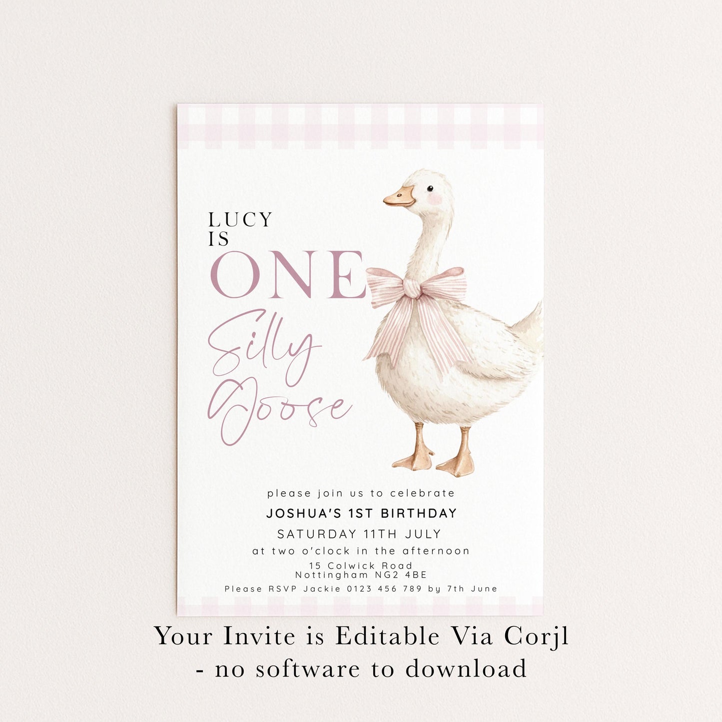 One Silly Goose Birthday Invitation Girl Pink Gingham, Editable Corjl Template, Silly Goose 1st Birthday Invite, Digital Download SG21
