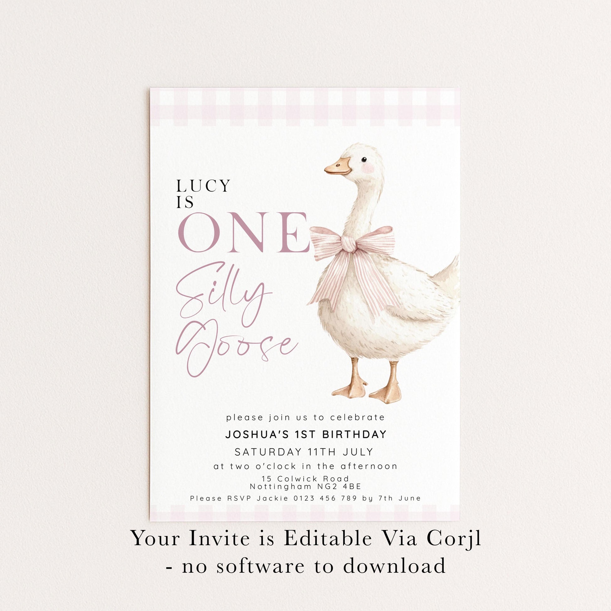 One Silly Goose Birthday Invitation Girl Pink Gingham, Editable Corjl Template, Silly Goose 1st Birthday Invite, Digital Download SG21