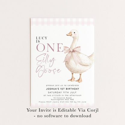 One Silly Goose Birthday Invitation Girl Pink Gingham, Editable Corjl Template, Silly Goose 1st Birthday Invite, Digital Download SG21