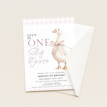One Silly Goose Birthday Invitation Girl Pink Gingham, Editable Corjl Template, Silly Goose 1st Birthday Invite, Digital Download SG21