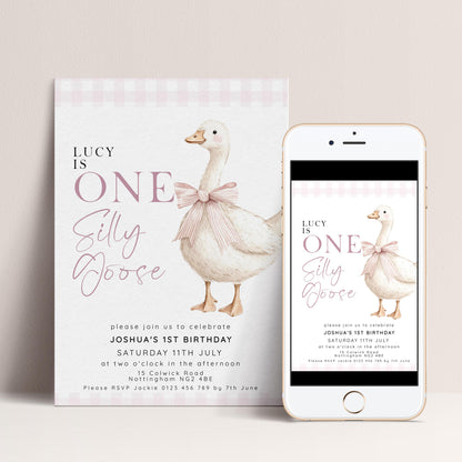 One Silly Goose Birthday Invitation Girl Pink Gingham, Editable Corjl Template, Silly Goose 1st Birthday Invite, Digital Download SG21