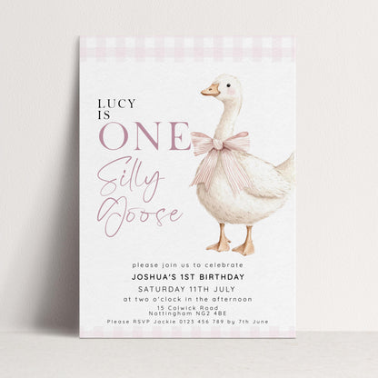 One Silly Goose Birthday Invitation Girl Pink Gingham, Editable Corjl Template, Silly Goose 1st Birthday Invite, Digital Download SG21