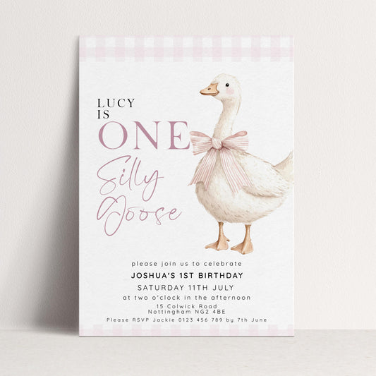 One Silly Goose Birthday Invitation Girl Pink Gingham, Editable Corjl Template, Silly Goose 1st Birthday Invite, Digital Download SG21