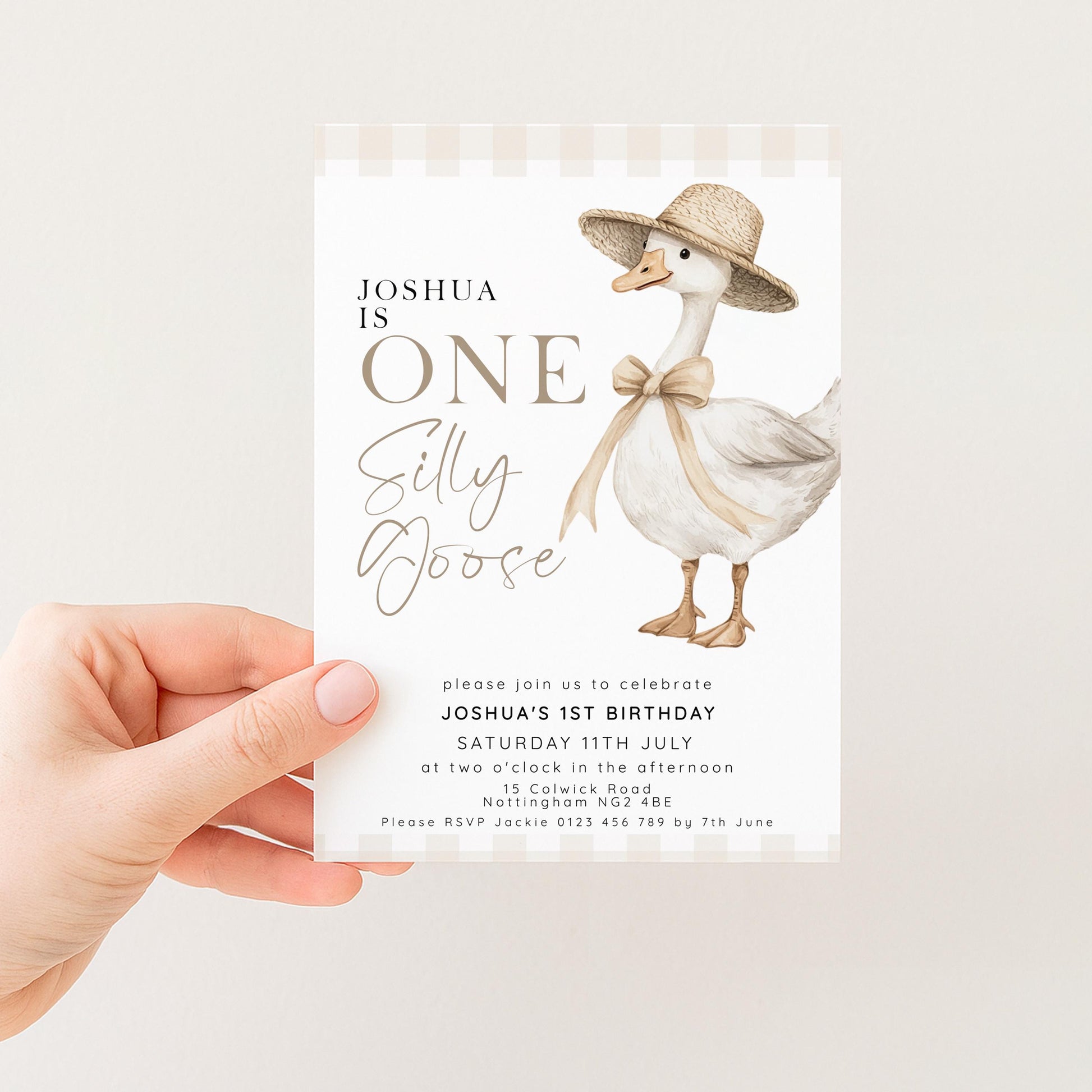 One Silly Goose Birthday Invitation Neutral Gingham, Editable Corjl Template, One Silly Goose Invite, Beige Farm Party Digital Download SG21