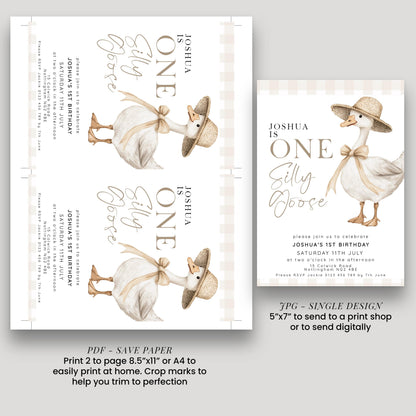 One Silly Goose Birthday Invitation Neutral Gingham, Editable Corjl Template, One Silly Goose Invite, Beige Farm Party Digital Download SG21