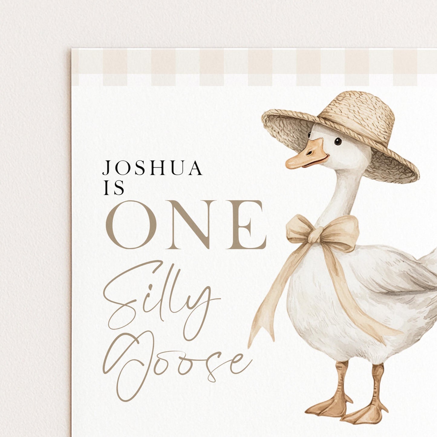 One Silly Goose Birthday Invitation Neutral Gingham, Editable Corjl Template, One Silly Goose Invite, Beige Farm Party Digital Download SG21