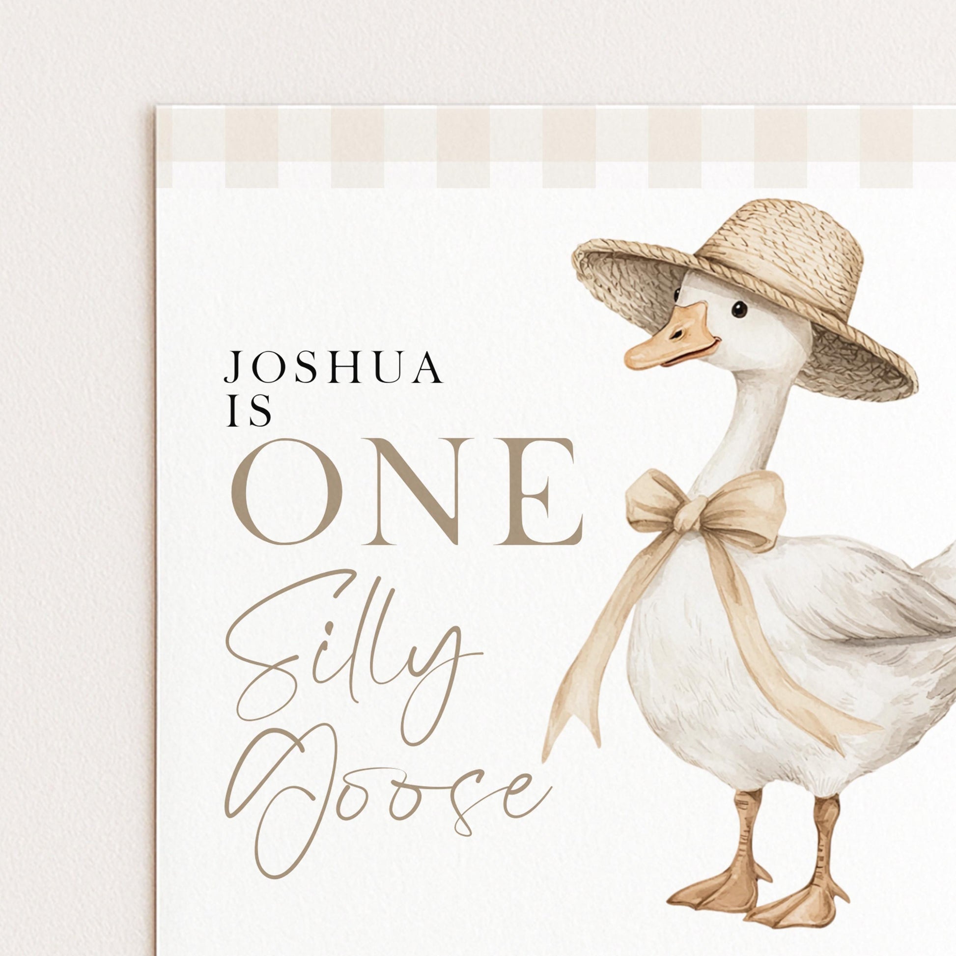 One Silly Goose Birthday Invitation Neutral Gingham, Editable Corjl Template, One Silly Goose Invite, Beige Farm Party Digital Download SG21