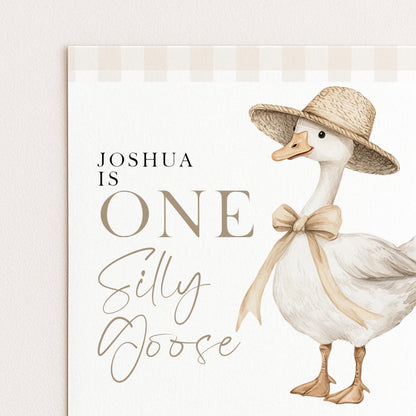 One Silly Goose Birthday Invitation Neutral Gingham, Editable Corjl Template, One Silly Goose Invite, Beige Farm Party Digital Download SG21