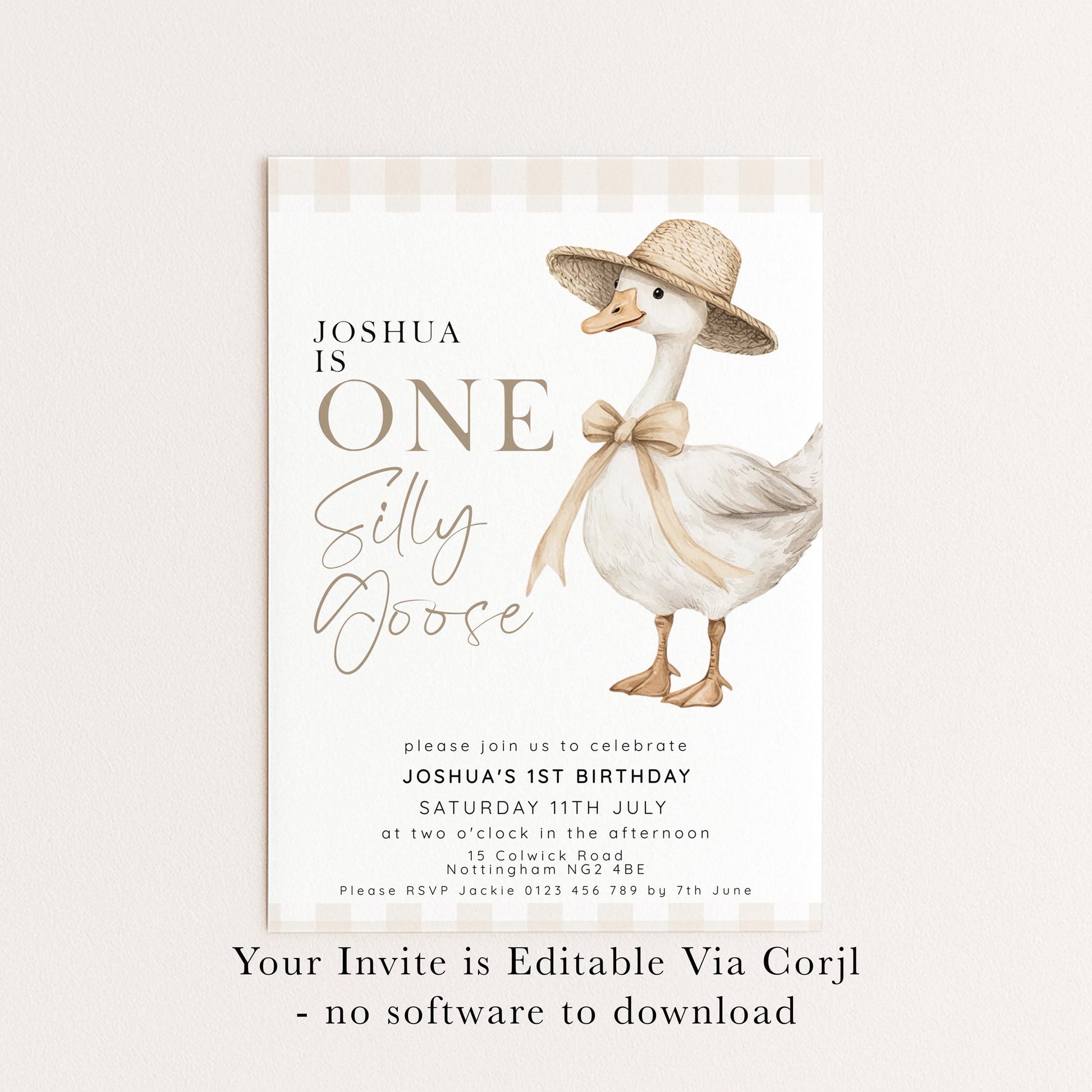 One Silly Goose Birthday Invitation Neutral Gingham, Editable Corjl Template, One Silly Goose Invite, Beige Farm Party Digital Download SG21