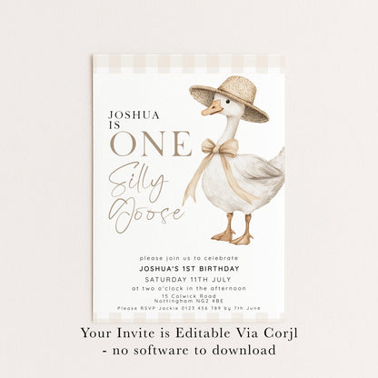 One Silly Goose Birthday Invitation Neutral Gingham, Editable Corjl Template, One Silly Goose Invite, Beige Farm Party Digital Download SG21