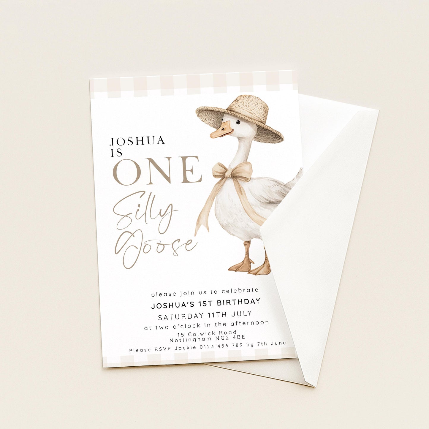 One Silly Goose Birthday Invitation Neutral Gingham, Editable Corjl Template, One Silly Goose Invite, Beige Farm Party Digital Download SG21