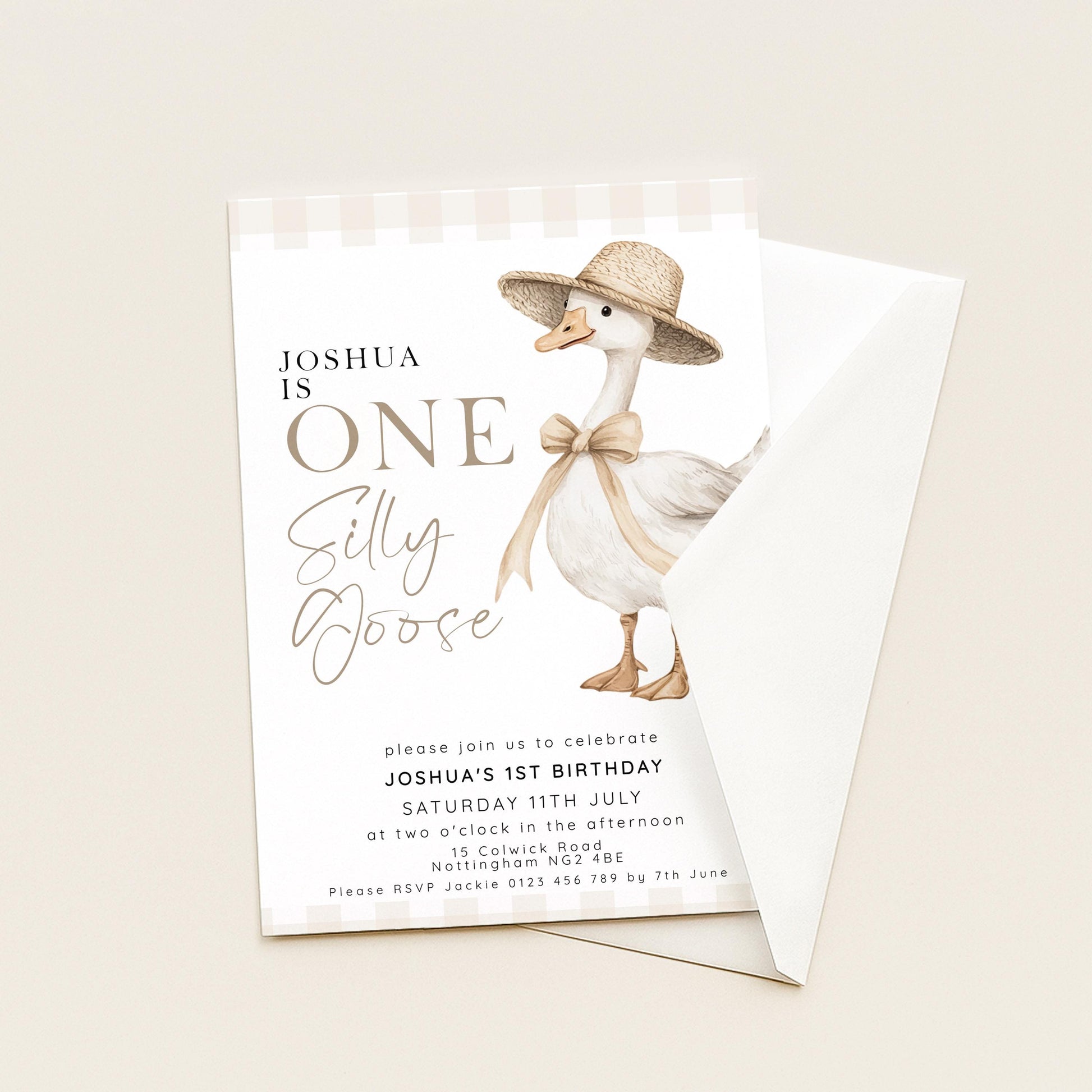 One Silly Goose Birthday Invitation Neutral Gingham, Editable Corjl Template, One Silly Goose Invite, Beige Farm Party Digital Download SG21