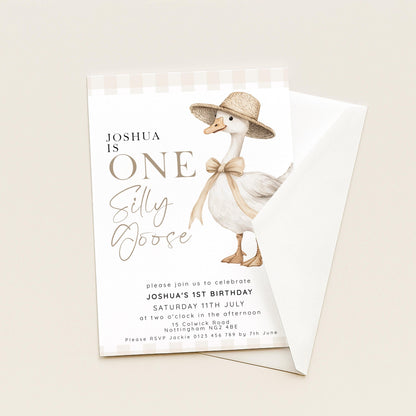 One Silly Goose Birthday Invitation Neutral Gingham, Editable Corjl Template, One Silly Goose Invite, Beige Farm Party Digital Download SG21