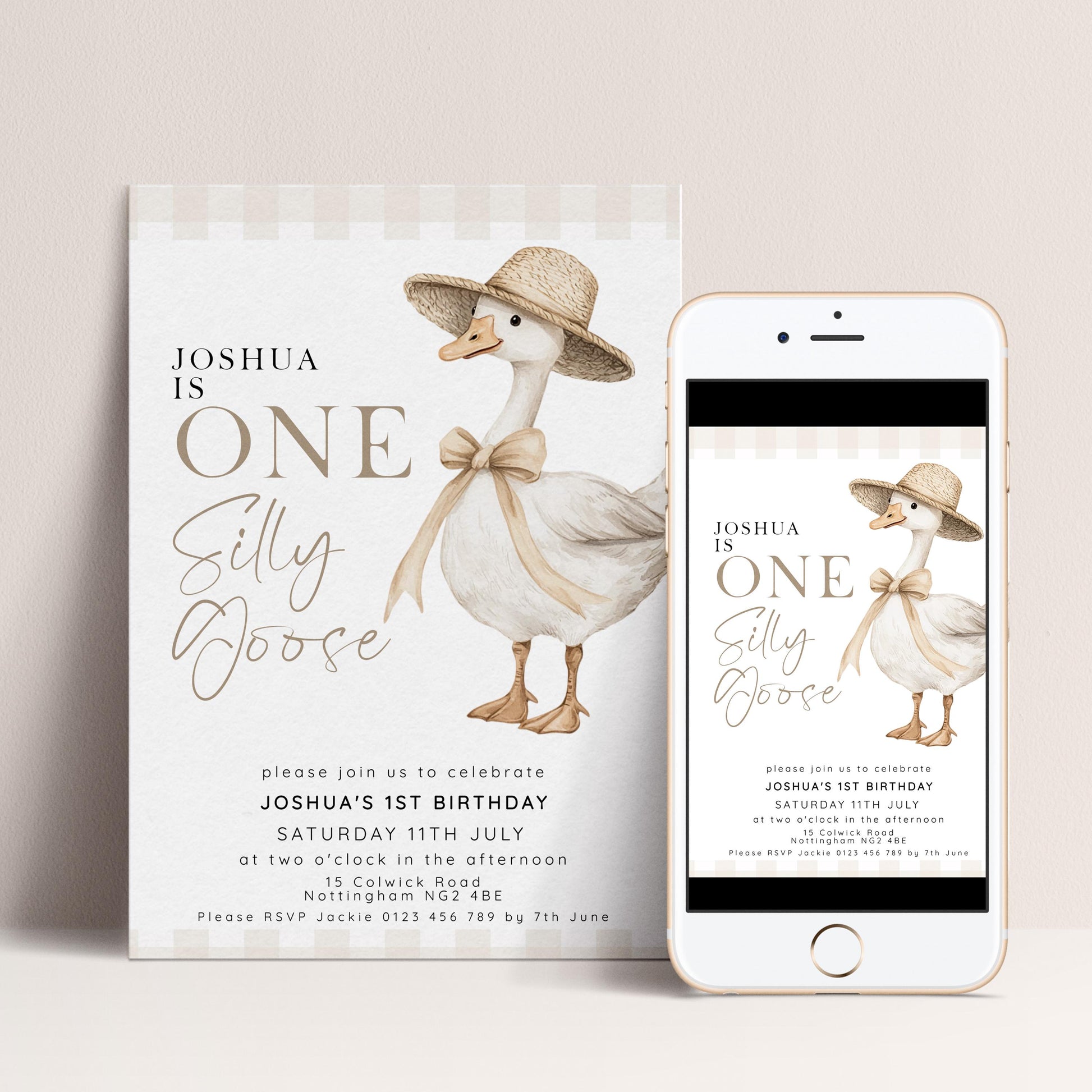 One Silly Goose Birthday Invitation Neutral Gingham, Editable Corjl Template, One Silly Goose Invite, Beige Farm Party Digital Download SG21