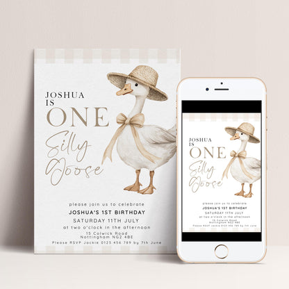 One Silly Goose Birthday Invitation Neutral Gingham, Editable Corjl Template, One Silly Goose Invite, Beige Farm Party Digital Download SG21