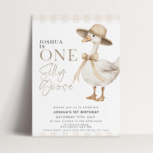 One Silly Goose Birthday Invitation Neutral Gingham, Editable Corjl Template, One Silly Goose Invite, Beige Farm Party Digital Download SG21