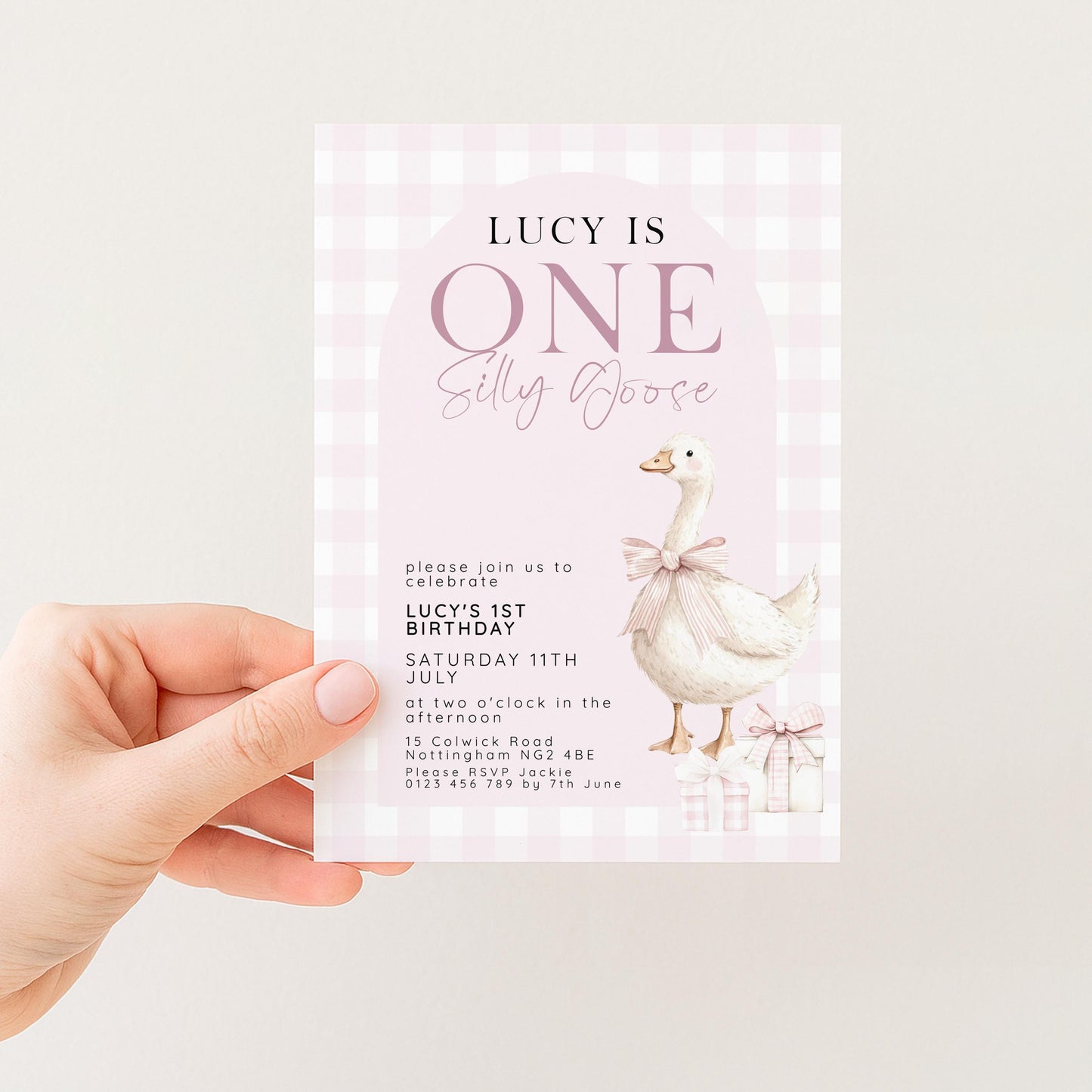 One Silly Goose Birthday Invitation, Pink Gingham Silly Little Goose Invitation, Classic Baby Birthday Goose Invite, Digital Download SG21