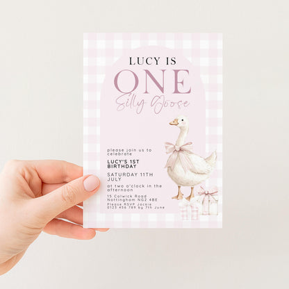 One Silly Goose Birthday Invitation, Pink Gingham Silly Little Goose Invitation, Classic Baby Birthday Goose Invite, Digital Download SG21