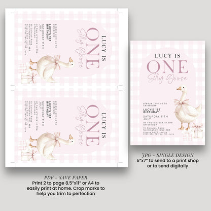One Silly Goose Birthday Invitation, Pink Gingham Silly Little Goose Invitation, Classic Baby Birthday Goose Invite, Digital Download SG21