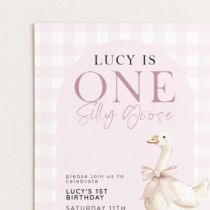 One Silly Goose Birthday Invitation, Pink Gingham Silly Little Goose Invitation, Classic Baby Birthday Goose Invite, Digital Download SG21