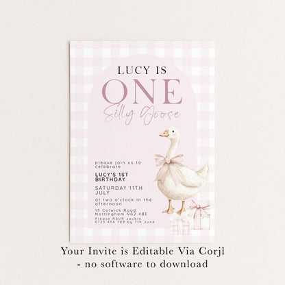 One Silly Goose Birthday Invitation, Pink Gingham Silly Little Goose Invitation, Classic Baby Birthday Goose Invite, Digital Download SG21