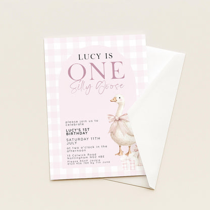 One Silly Goose Birthday Invitation, Pink Gingham Silly Little Goose Invitation, Classic Baby Birthday Goose Invite, Digital Download SG21