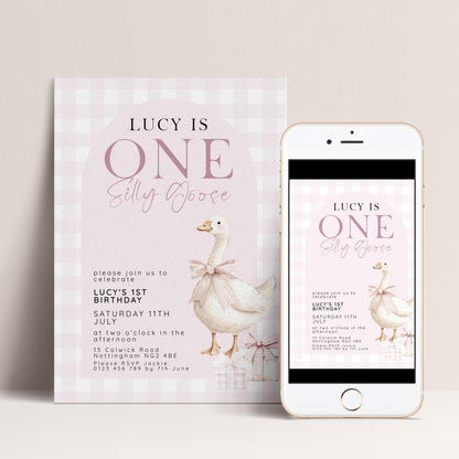 One Silly Goose Birthday Invitation, Pink Gingham Silly Little Goose Invitation, Classic Baby Birthday Goose Invite, Digital Download SG21