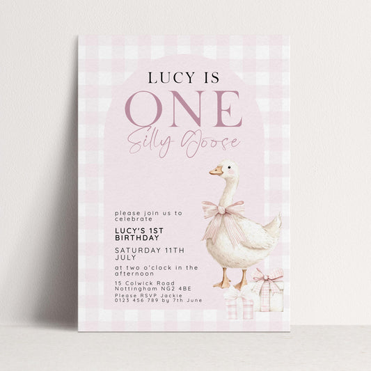 One Silly Goose Birthday Invitation, Pink Gingham Silly Little Goose Invitation, Classic Baby Birthday Goose Invite, Digital Download SG21