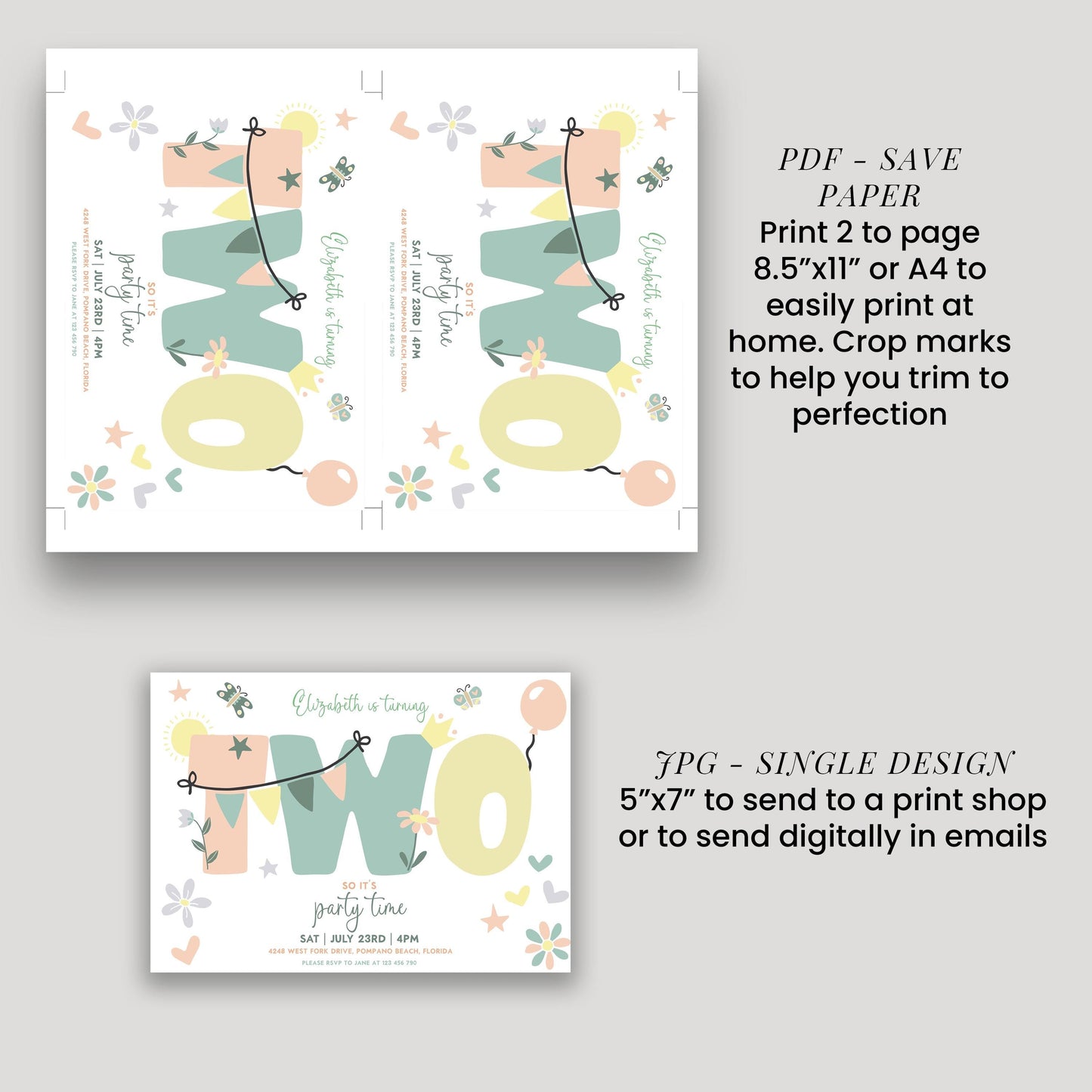 text and graphics related to a birthday party invitation, including the number "TWO" and instructions for printing and sending the invitation.