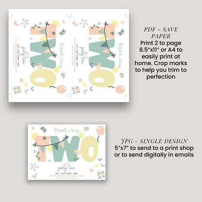 text and graphics related to a birthday party invitation, including the number "TWO" and instructions for printing and sending the invitation.