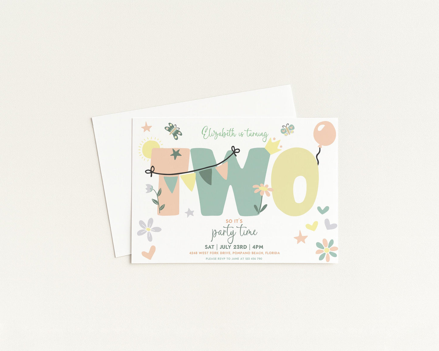A birthday party invitation for a two-year-old named Elizabeth, featuring a colorful design with the number "TWO" and various decorative elements such as balloons, flowers, and stars.