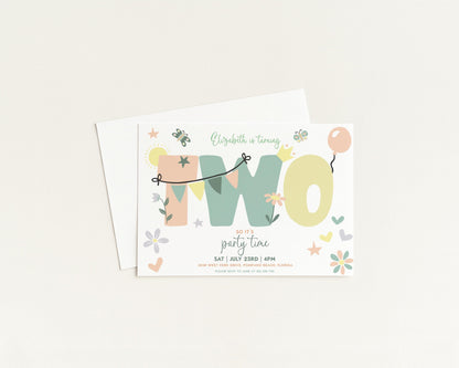 A birthday party invitation for a two-year-old named Elizabeth, featuring a colorful design with the number "TWO" and various decorative elements such as balloons, flowers, and stars.