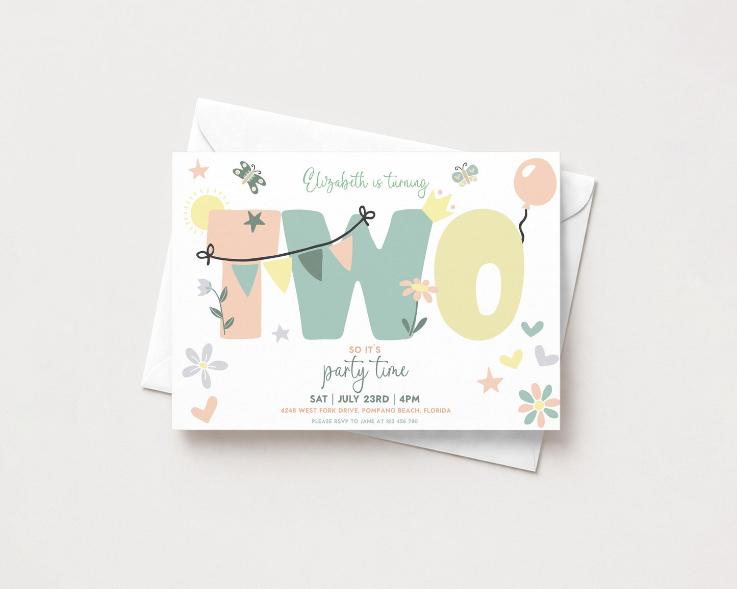 A birthday party invitation for a two-year-old named Elizabeth, featuring a colorful design with the number "TWO" and various decorative elements such as balloons, flowers, and stars.