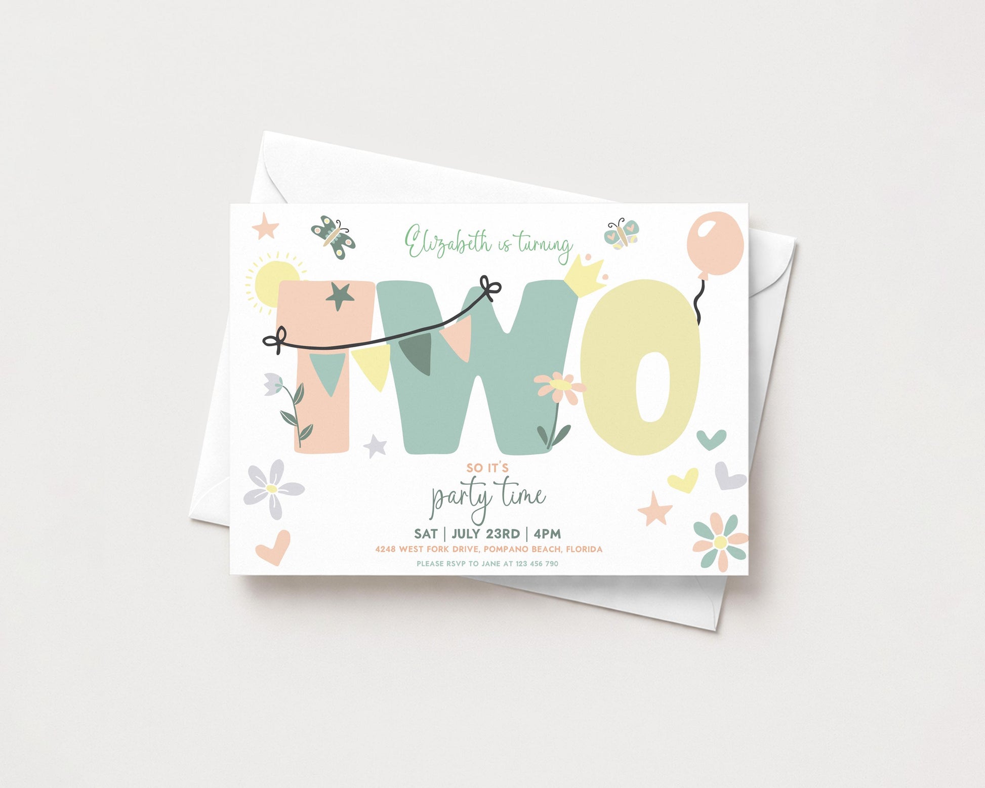 A birthday party invitation for a two-year-old named Elizabeth, featuring a colorful design with the number "TWO" and various decorative elements such as balloons, flowers, and stars.