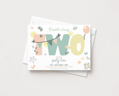 A birthday party invitation for a two-year-old named Elizabeth, featuring a colorful design with the number "TWO" and various decorative elements such as balloons, flowers, and stars.