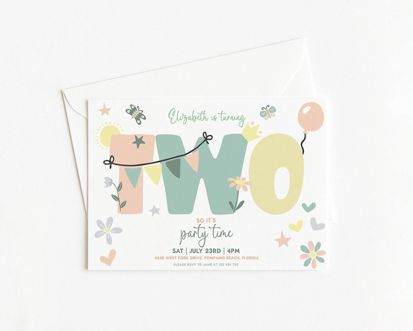 A birthday party invitation for a two-year-old girl named Elizabeth, featuring colorful illustrations and text.