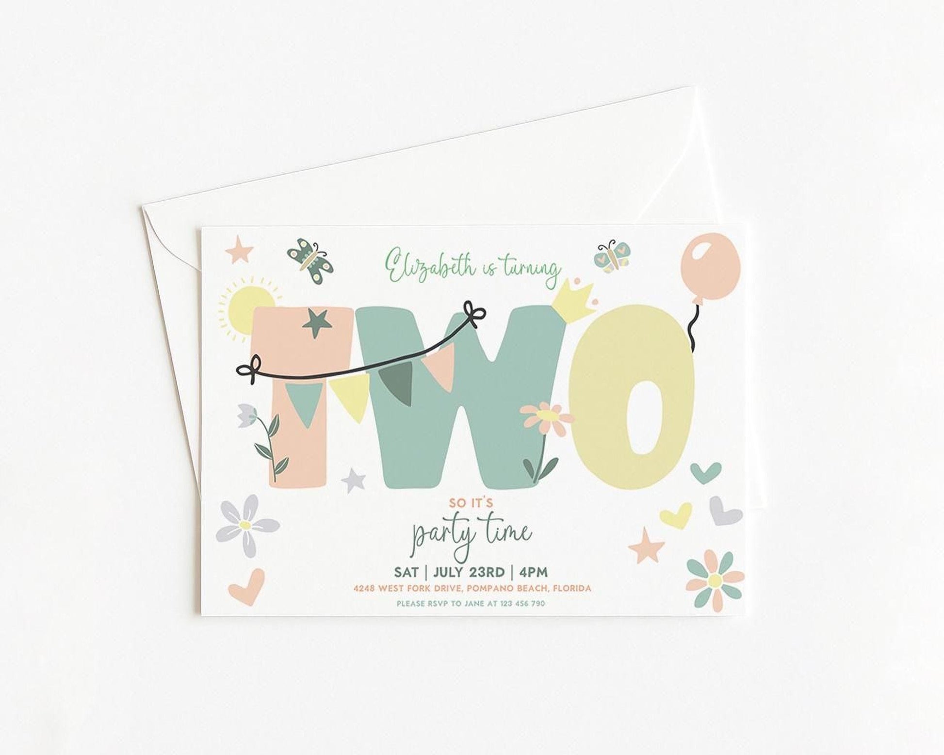 A birthday party invitation for a two-year-old girl named Elizabeth, featuring colorful illustrations and text.