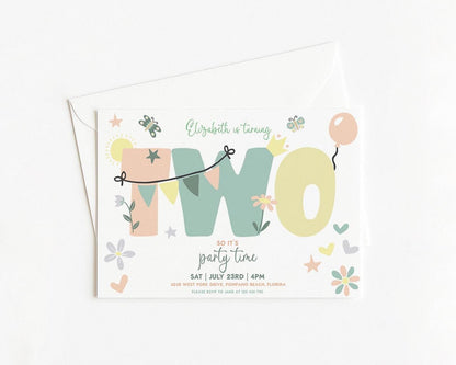 A birthday party invitation for a two-year-old girl named Elizabeth, featuring colorful illustrations and text.