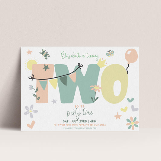 The image is a birthday party invitation for a two-year-old girl named Elizabeth. The invitation features colorful illustrations of a balloon, flowers, and stars, along with the text "Elizabeth is turning two" and "So it's party time" indicating the theme and timing of the event.