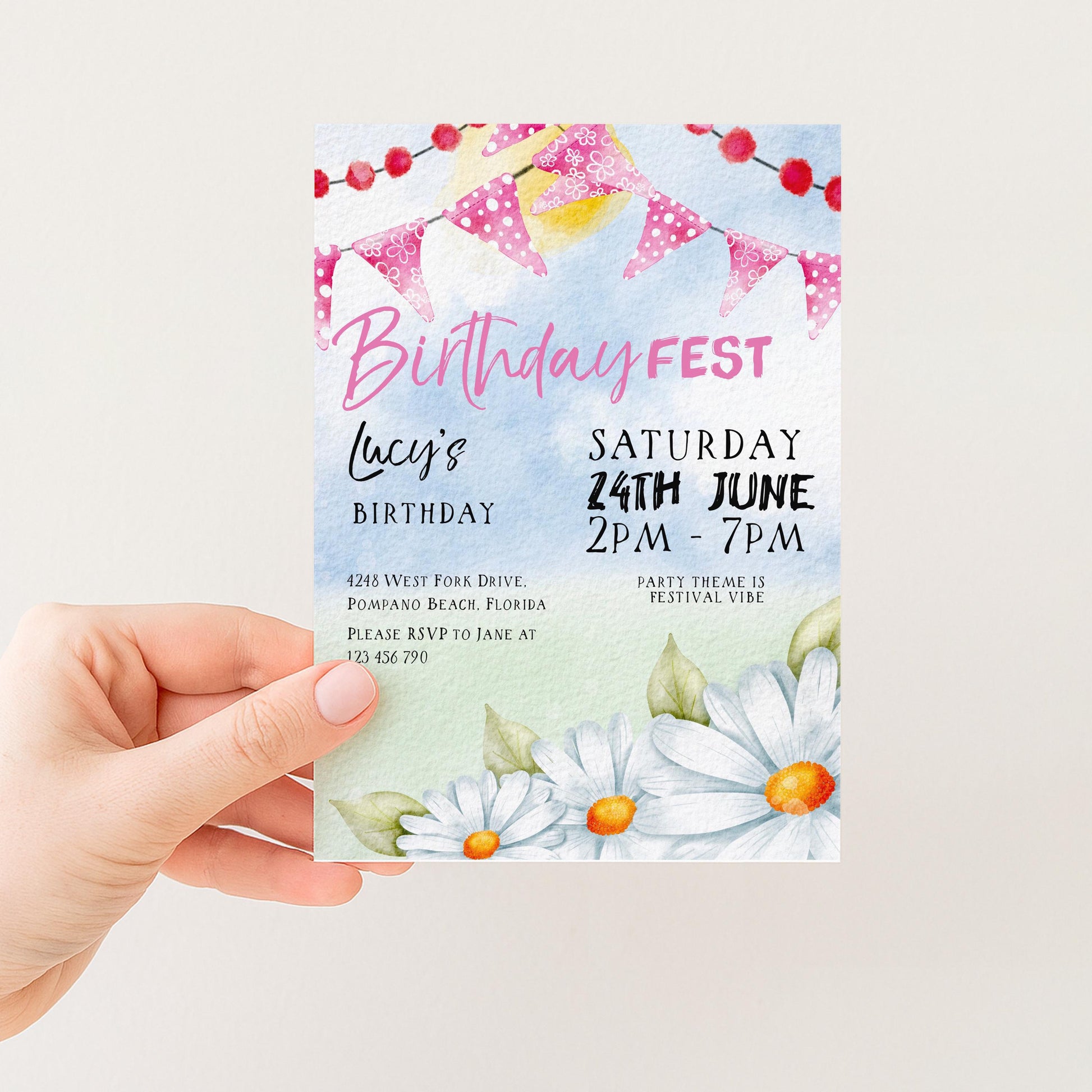Pastel Festival Birthday Invitation, Editable Birthday Fest Invite with Bunting and Daisies, Corjl Template, Digital Download Printable FST