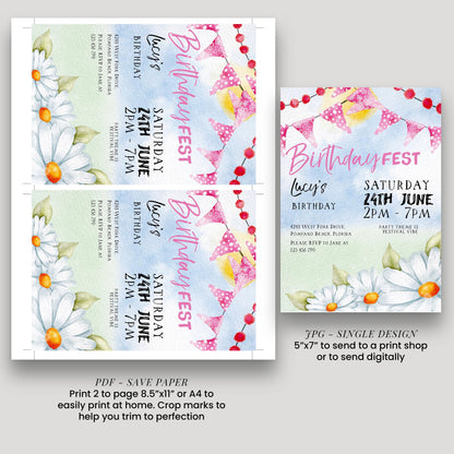 Pastel Festival Birthday Invitation, Editable Birthday Fest Invite with Bunting and Daisies, Corjl Template, Digital Download Printable FST