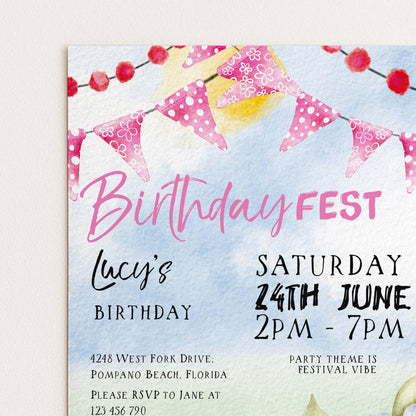 Pastel Festival Birthday Invitation, Editable Birthday Fest Invite with Bunting and Daisies, Corjl Template, Digital Download Printable FST